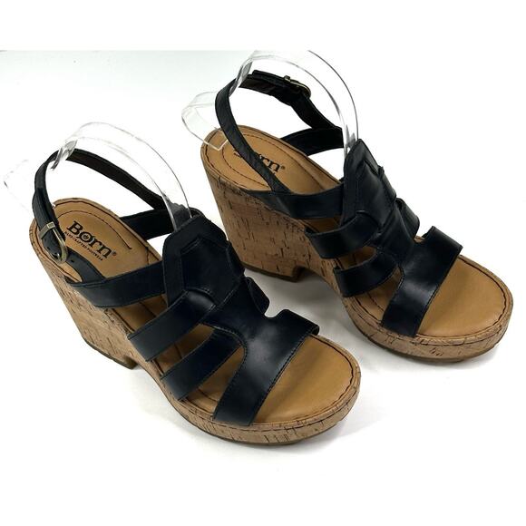 Born Bernese Women's Hand Crafted Black Leather Wedge Sandal Size 10M Caged - Picture 1 of 11